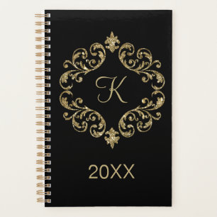 Agenda Monograma Brillante Negro Oro Chic Moderno Elegan