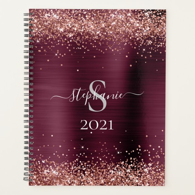 Agenda Monograma Burgundy Brown Faux-Purpurina Girly Glam (Anverso)
