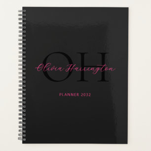 Agenda Monograma clásico moderno de escritura negra y ros