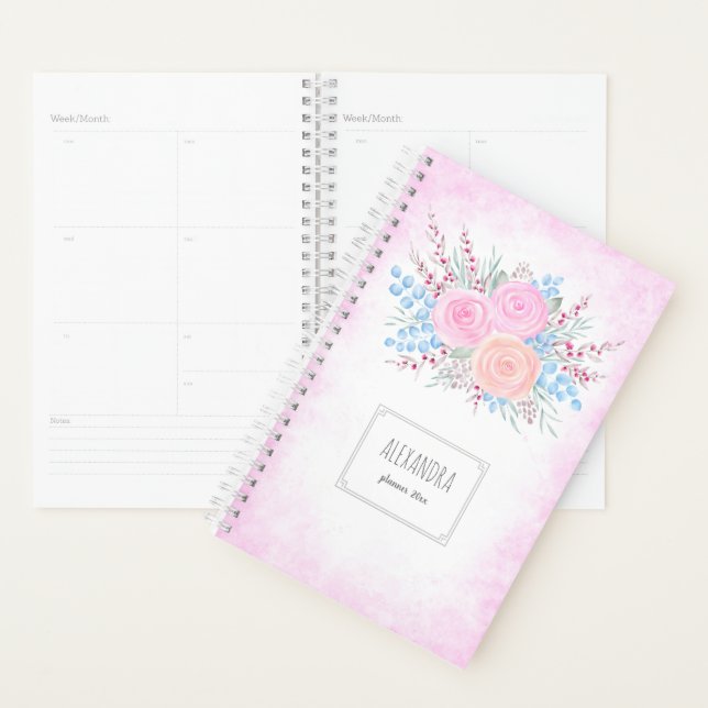 Agenda Monograma color de agua Bouquet rosas rosas rosas  (Demostración)