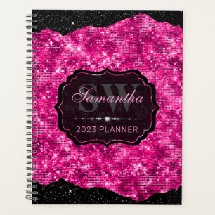 Agenda Monograma con brillo rosa caliente elegante y bord