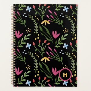 Agenda Monograma de Acuarela Flor Silvestre Botánica Negr