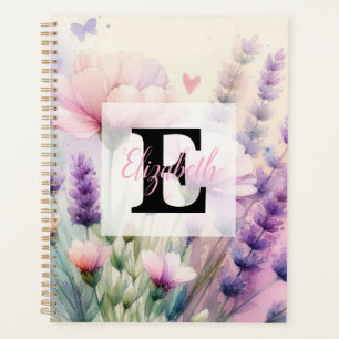 Agenda Monograma de acuarela floral rosa lavanda púrpura