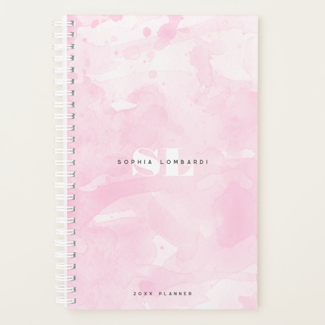 Agenda Monograma de acuarela rosa minimalista (Anverso)