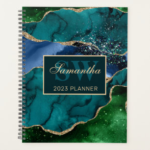 Agenda Monograma de Ágata Brillante en Verde Teal y Dorad