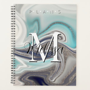 Agenda Monograma de Aqua de Gris Blanco Negro