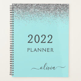 Agenda Monograma de brillo azul acua plateado 2022