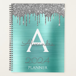 Agenda Monograma de brillo azul acuático plata 2023