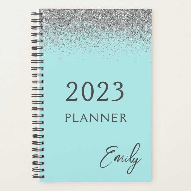 Agenda Monograma de brillo azul teal plateado Aqua 2023 (Anverso)