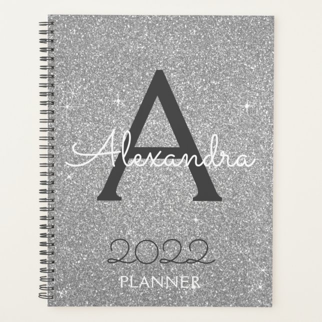 Agenda Monograma de brillo plateado 2022 (Anverso)