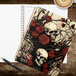 Agenda Monograma de calaveras góticas y rosas rojas