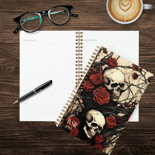 Agenda Monograma de calaveras góticas y rosas rojas