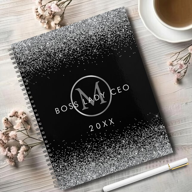 Agenda Monograma de CEO Dama Jefe con Brillo Plateado (Sparkly Silver Glitter Boss Lady CEO Black Monogram Annual Planner)
