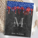 Agenda Monograma de cuero de Purpurina rojo azul negro<br><div class="desc">Planificador del calendario de monograma personalizado. Mantén a mano todas tus citas y horarios con nuestros modernos y elegantes goteos de purpurina azul y rojo en un falso planificador de cuero vintage con nombre y inicial monogramado personalizado. Este planificador único es perfecto para la planificación de oficinas, horarios escolares, citas...</div>