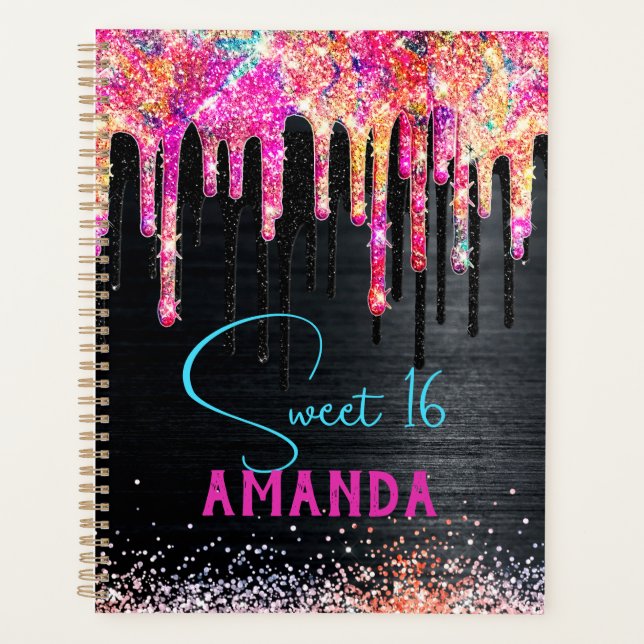 Agenda Monograma de cumpleaños de purpurina negro lindo u (Anverso)