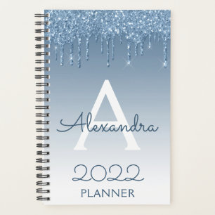 Agenda Monograma de destellos con gotas de purpurina azul