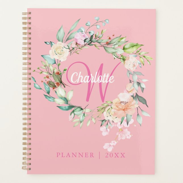 Agenda Monograma de escritura floral rosa Roses 2023 (Anverso)