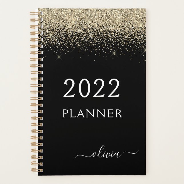Agenda Monograma de esparkle glam Purpurina negro dorado  (Anverso)