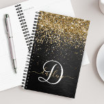 Agenda Monograma de espuma negra Purpurina de oro persona<br><div class="desc">Personalice fácilmente este elegante diseño de diseño de diseño moderno con un purpurina brillante en oro de bonito sobre un fondo metálico negro cepillado.</div>