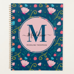 Agenda Monograma de flor de mariposa rosa azul de la Mari