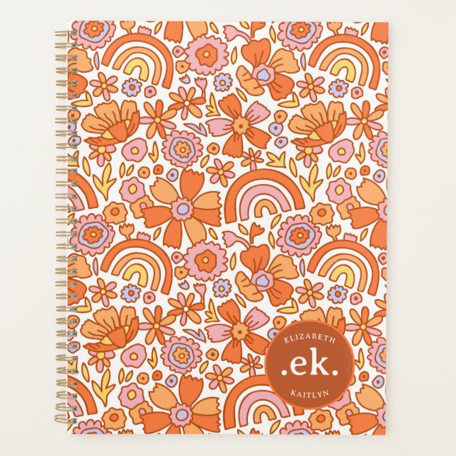 Agenda Monograma de flores retro geniales en naranja (Anverso)