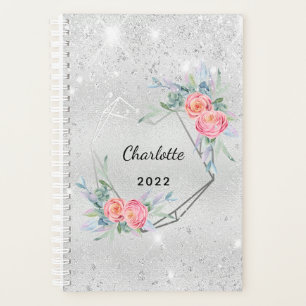 Agenda Monograma de flores rosadas purpurina plateado 202