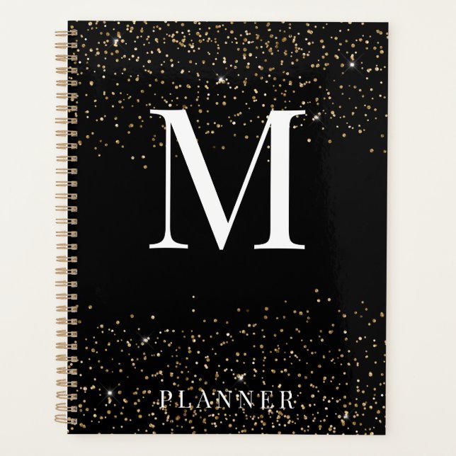 Agenda Monograma de Glam Moderno Purpurina Negro (Anverso)