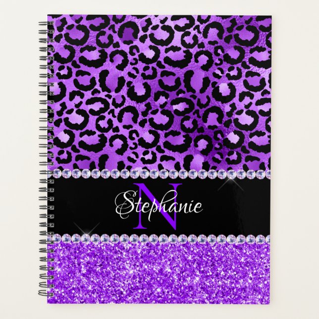 Agenda Monograma de Glam Spot de Leopardo Negro y Violeta (Anverso)