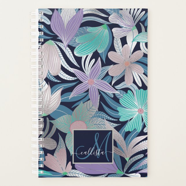 Agenda Monograma de hojas florales azul morado plateado (Anverso)