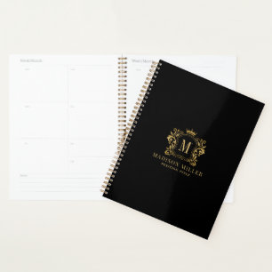 Agenda Monograma de la corona del Escudo real de oro negr