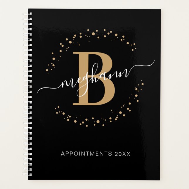 Agenda Monograma de la escritura Girly Modern Black Gold  (Anverso)