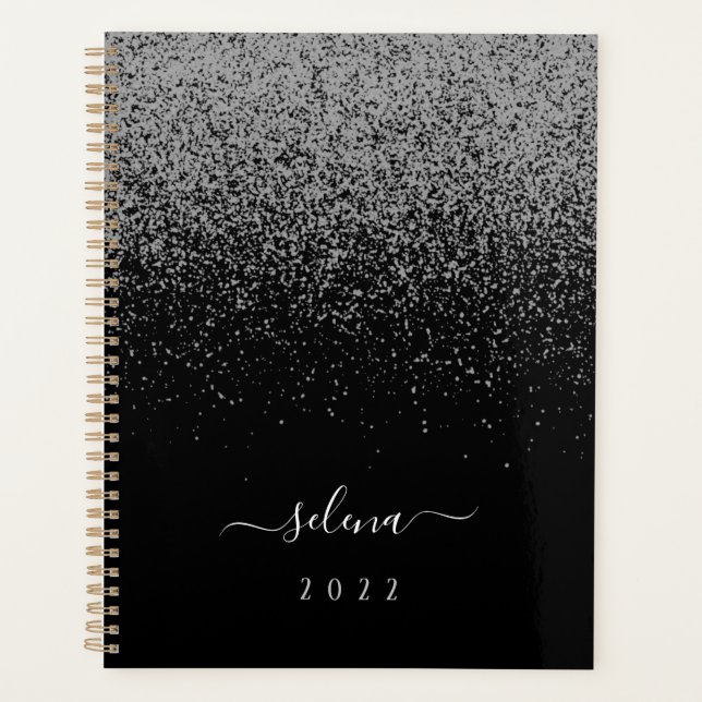 Agenda Monograma de la Purpurina de Plata Negra Girly (Anverso)