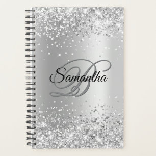 Agenda Monograma de Lámina Brillante Plateada con Brillo