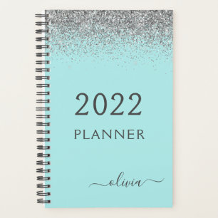 Agenda Monograma de lentejuelas azul aguamarina plateado