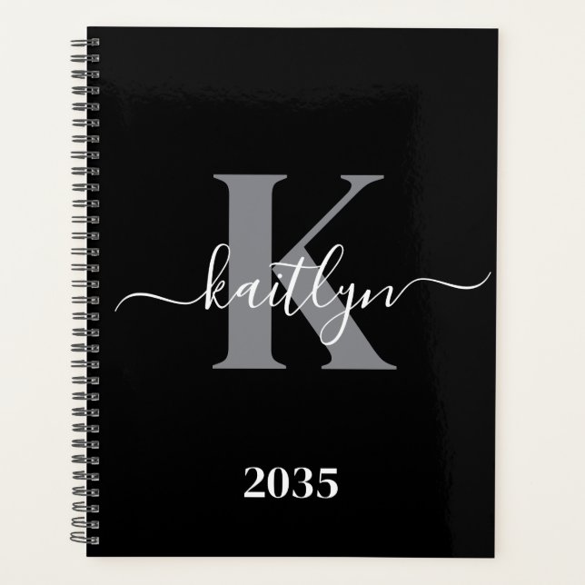 Agenda Monograma de letra script gris negro moderno (Anverso)