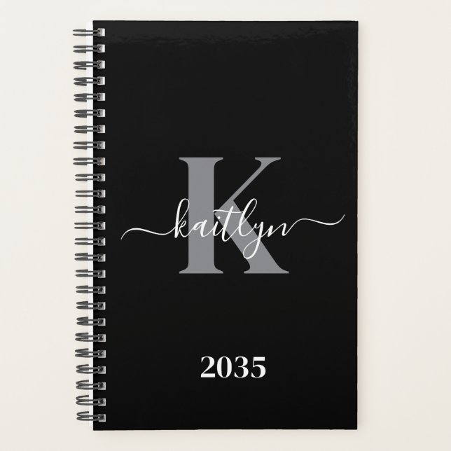 Agenda Monograma de letra script gris negro moderno (Anverso)