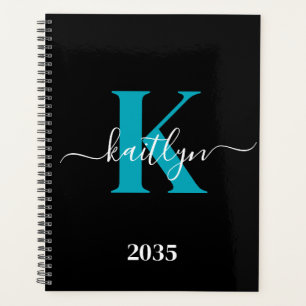 Agenda Monograma de letra script moderna negro turquesa