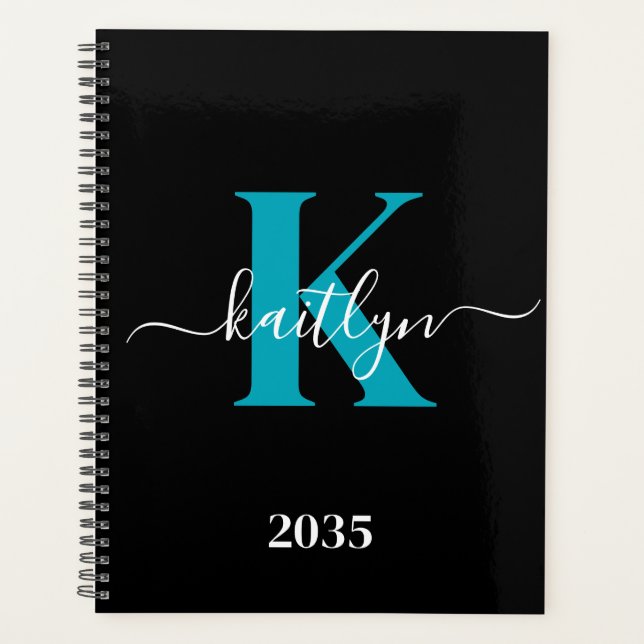 Agenda Monograma de letra script moderna negro turquesa (Anverso)