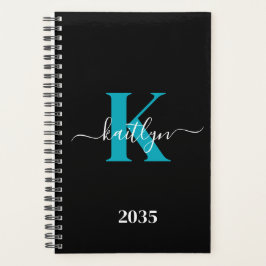 Agenda Monograma de letra script moderna negro turquesa