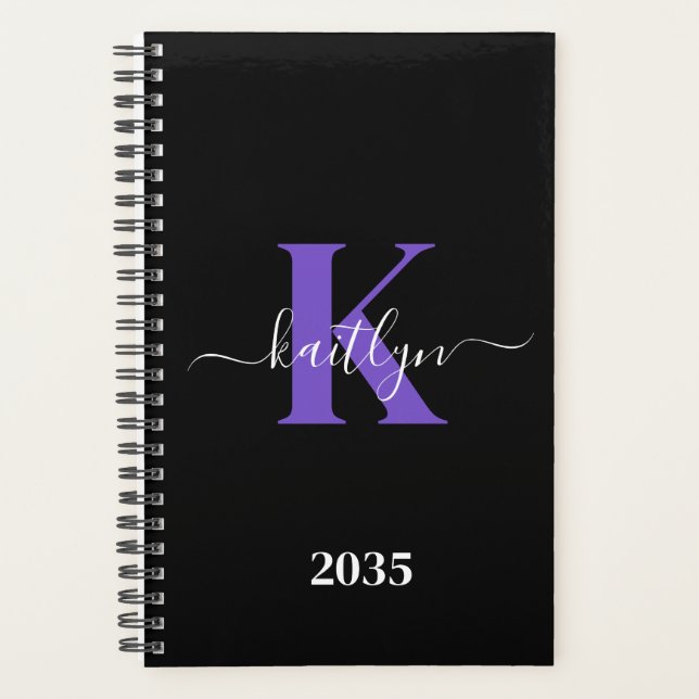 Agenda Monograma de letra script morado negro moderno (Anverso)