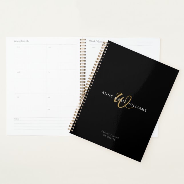 Agenda Monograma de letra script oro negro moderno (Demostración)