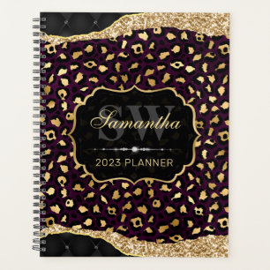 Agenda Monograma de lunares de leopardo de pan de oro y p