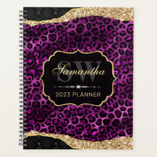 Agenda Monograma de lunares de leopardo de papel de alumi
