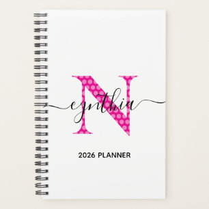 Agenda Monograma de lunares rosa caliente femenino