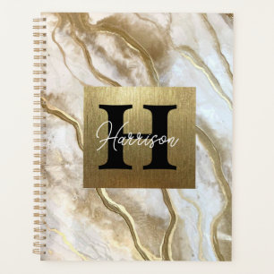 Agenda Monograma de mármol blanco y dorado personalizado