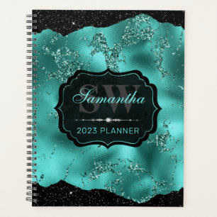 Agenda Monograma de mármol con brillo azul verdoso y bord