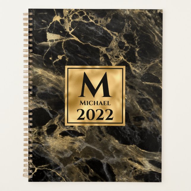 Agenda Monograma de mármol negro y dorado Elegante lujo (Anverso)