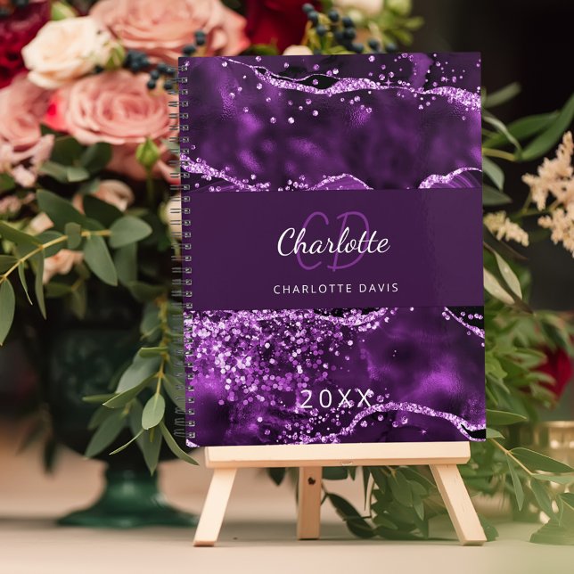 Agenda Monograma de mármol rosa de agate morado purpurina (Subido por el creador)