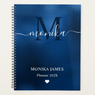 Agenda Monograma de metal cepillado azul real moderno