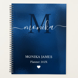 Agenda Monograma de metal cepillado azul real moderno
